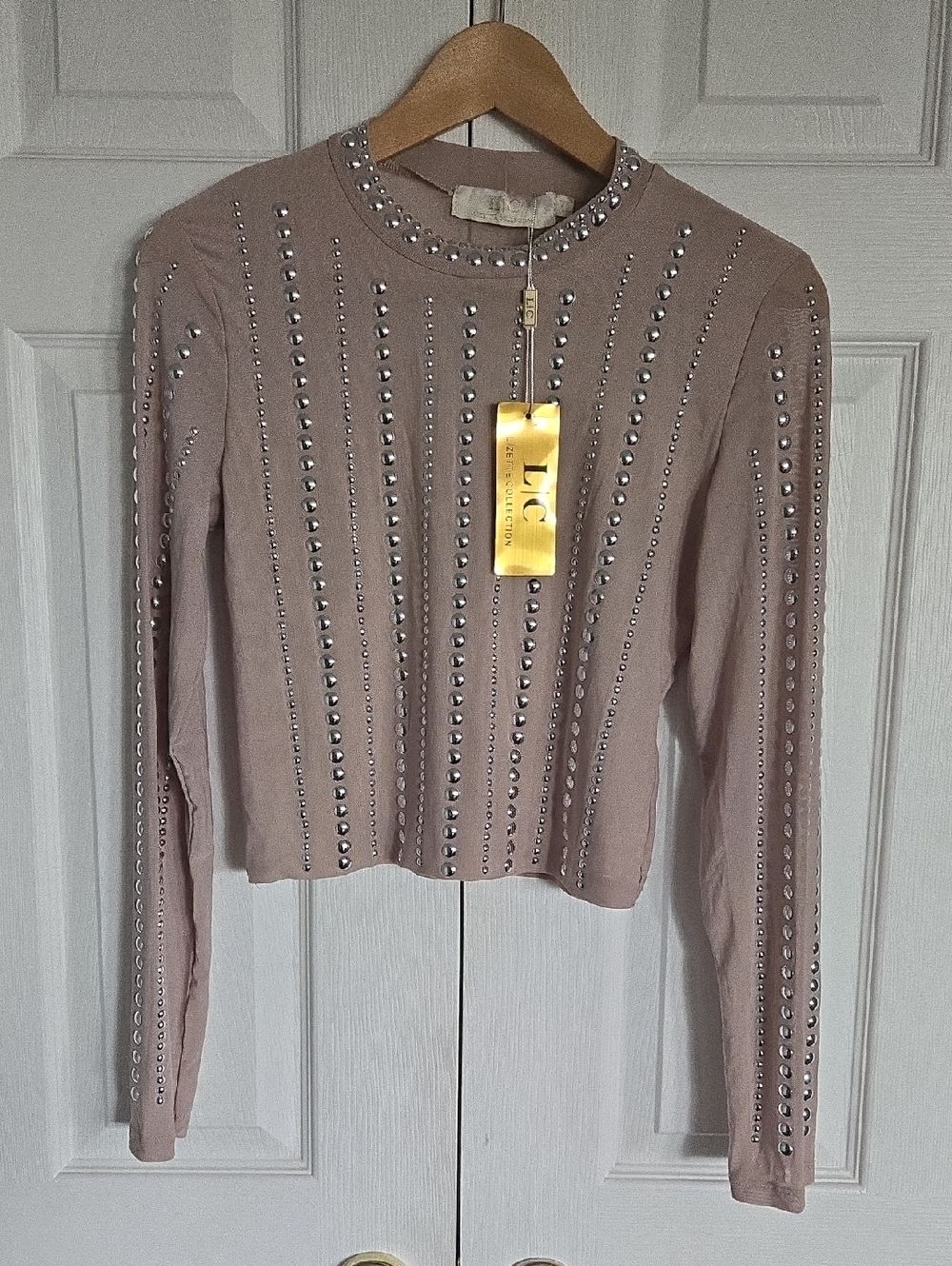 Tan Sheer Studded Crewneck Longsleeve